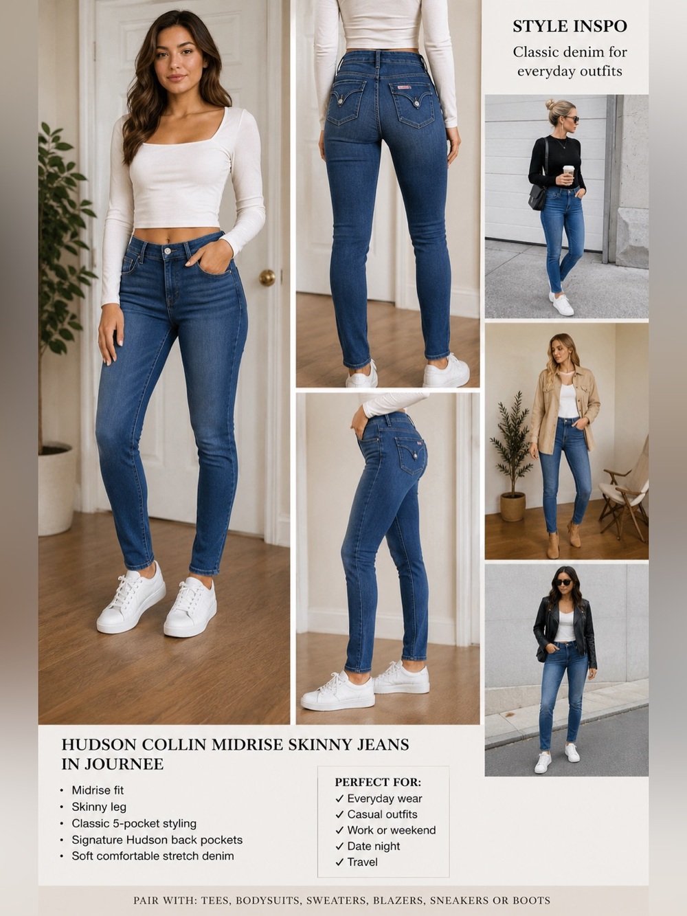 NWT Hudson Collin Midrise Skinny Jeans Journey Wash Size 28 Luxury Stretch Denim